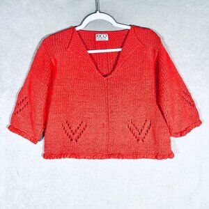 Vintage Hand knit Artisan Sweater Womens S Orange Cotton Cottage Sustainable